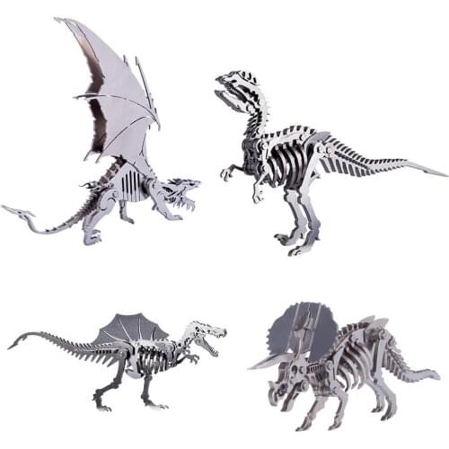 DIY Assembled Model Kit 3D Stainless Steel Detachable Model Puzzle Ornaments - Ice Dragon Spinosaurus Tyrannosaurus with Stand