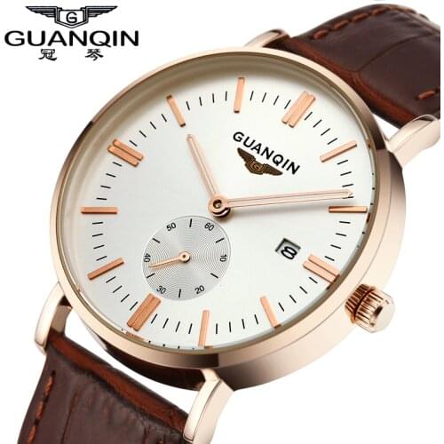 Original GUANQIN Men Watch Crystal Ultra-thin Fashion Casual Men Watch Logo Leather Strap Shockproof Waterproof Watches