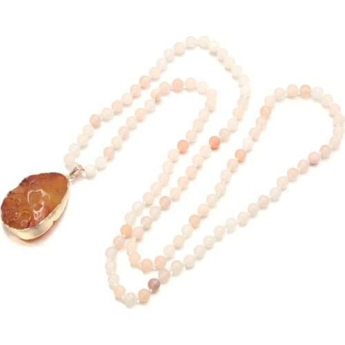 Natural Semi Precious Stone Necklace Classic Style Round Bead Chain 6mm 90cm Diamonds Agates Pendant 32 * 45mm For Woman