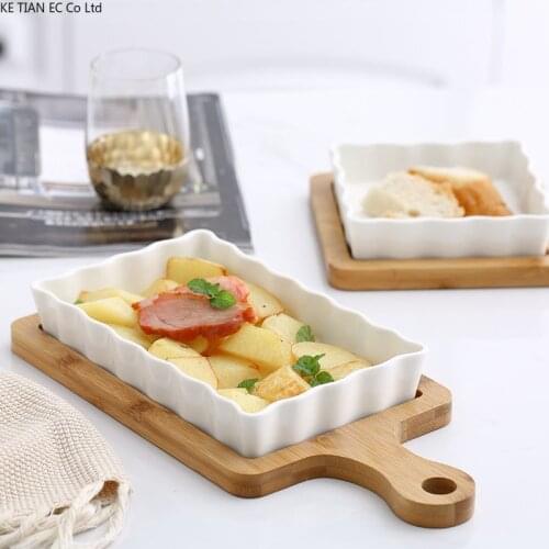 European-style Ceramic Fruit Tray Household Rectangular Baking Tray with Wooden Tray To Create Living Room Snack Tray Tableware