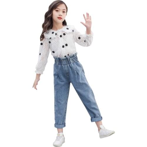 Teens Girls Clothing Sets Children Autumn Polka Dot Jacket+High-Rise Jeans 2pcs Outfit Kids Suit For Girl Clothes Suits 12 Year
