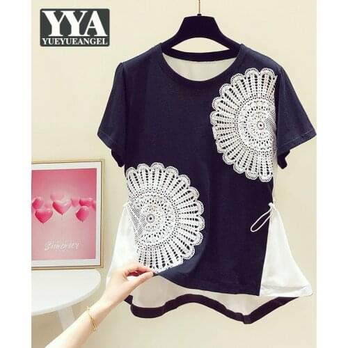 Casual Pullover Tees Women Patchwork Adjustable Waist Short Sleeve T Shirts Fashion O Neck Loose 2021 Summer Female T Shirt Tops