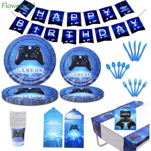 Blue Game Party Supplies Disposable Dinnerware Set Plates Napkins Cups Knifves Fork Spoons Boy Baby Shower Decor Birthday Party