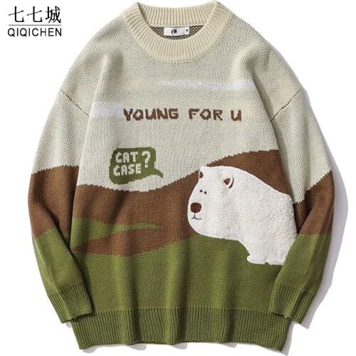 Harajuku Sweater Men Women Polar Bear Hip Hop Knitwear Sweaters Oversized Streetwear Vintage Pullover Unisex 2021 Autumn Winter