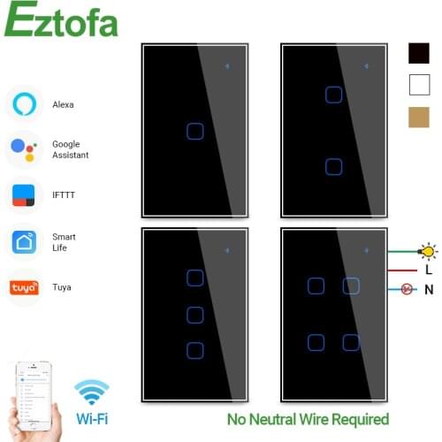 Smart Wifi Touch Wall Light Switch Remote Control 1 2 3 4 Gang,No Neutral Wire,Touch Screen Switch Glass US Standard