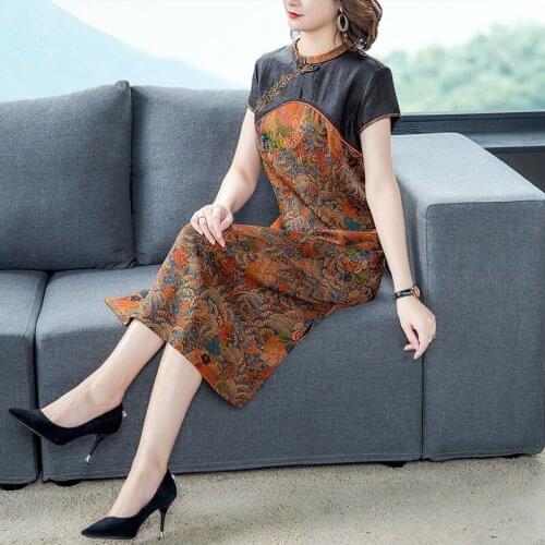 Chinese Style Print Mulberry Silk Vintage Midi Dress 2021 Summer New Casual Bodycon 4XL Plus Size Sundress Women Party Vestidos