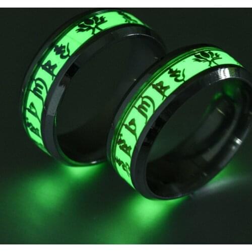 YWSHK Green Glow in the Dark Stainless Steel Buddhist Six-Character Mantra Wedding Band Luminous Ring Amulet jewelry Wholesale