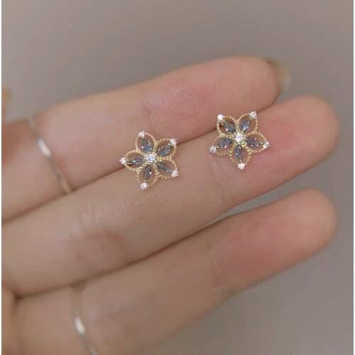 Silvology 925 Sterling Silver Blue Crystal Flower Stud Earring for Women Luxury Zircon Anti-allergy Earring Girls Office Jewelry