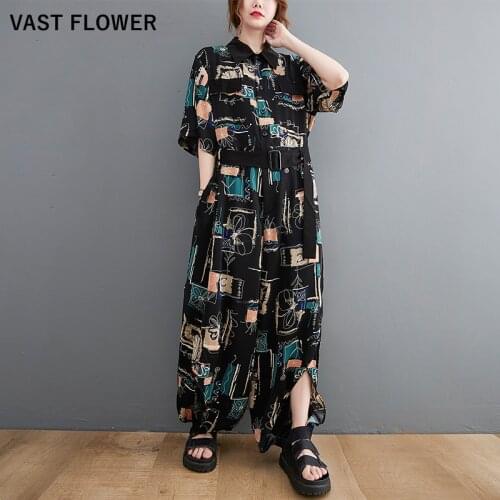 Loose Black Print Jumpsuit For Women Short Sleeve High Waist Fashion New Temperament Split Casual Wide Leg Pants Summer 2021