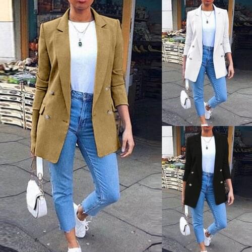 2021 Womens Blazers Long Sleeve Slim Blazer Jacket Work Formal Office Suit Solid Lapel Coat Mid-Length Elegant Women Blazer