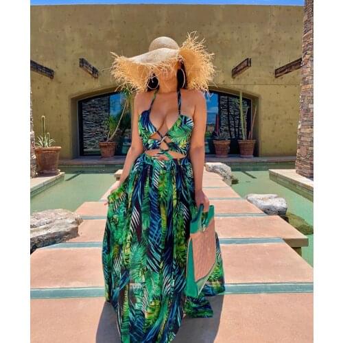 Echoine Sexy Halter Maxi Long Dress Green Printed Sleeveless Elegant Split Vacation Dresses Lace Up Hollow Out Summer Beach Robe
