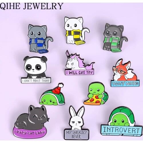 Cartoon Animal Introvert Turtle Pins Tortoise Fox Rabbit Cat Panda Horse Brooches for Clothes Enamel Lapel Pin Zoo Badge