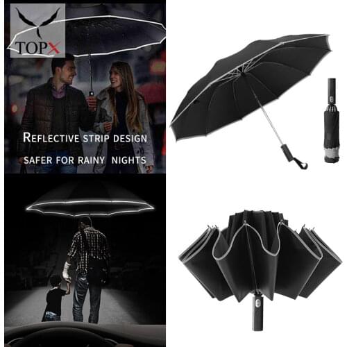 Windproof Reverse Folding Automatic Rain Umbrella Men Women 3Folding Rain Umbrella 10 Ribs Reflective Stripe Portable Parasol