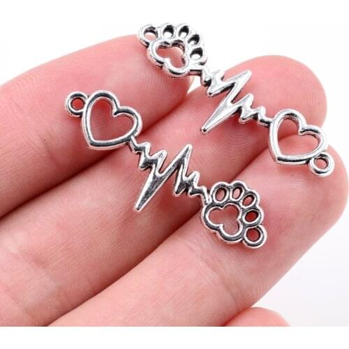 10pcs Charms ECG Heartbeat Connector Heart Dog Claw Link 12x34mm Antique Silver Color Pendant Making DIY Tibetan Finding Jewelry