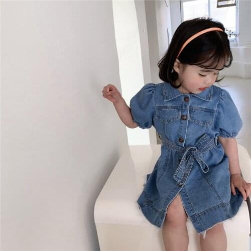 2021 Fashion Short Sleeve Baby Girl Clothes Summer Cotton Blue 2-9T Kids Denim Clothes Girl Casual Dress Girl Denim Dress