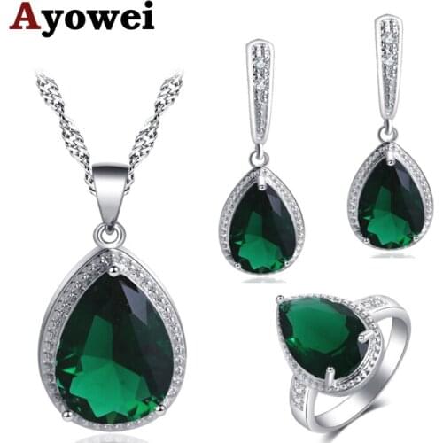 Ayowei Anniversary jewelry Water Drop silver Green Zircon White Crystal Necklace Pendant Earrings Jewelry Sets JS738A