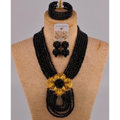 Black nigerian wedding african beads jewelry set crystal 6CDBS
