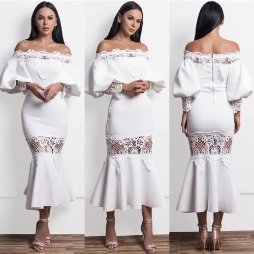 Elegant White Long Lantern Sleeve Bandage Dress Chic Slash Neck Lace Solid Celebrity Show Evening Party Dress Vestidos Wholesale