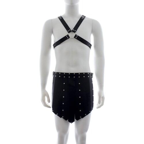 Erotic Men Gay Chest Harness with Barbarian Hula Skirt Male Role Play Body Restraint Sex Game Costume
