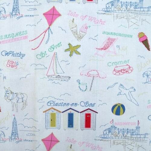 Cotton Linen Fabric for sewing pathwork, bedding - Tower, house, horse, icecream (width=140cm)