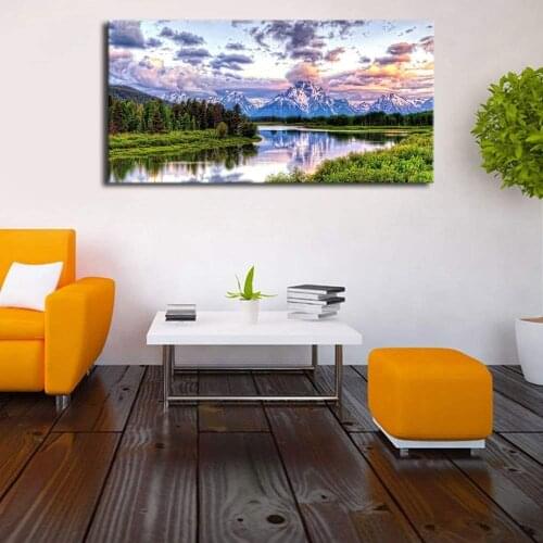 Canvas Wall Art Nature Painting Oxbow Bend Grand Teton National Park Mountains River Sunset Modern Canvas Artwork Drop shipping