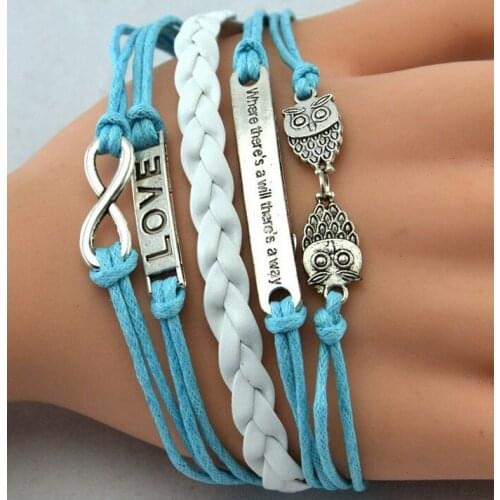 Fashion Alloy Infinity Lucky Owls Where theres a will Charm Cuff Bracelet Infinities Braided Leather Wax Cords Bangle Wristbands