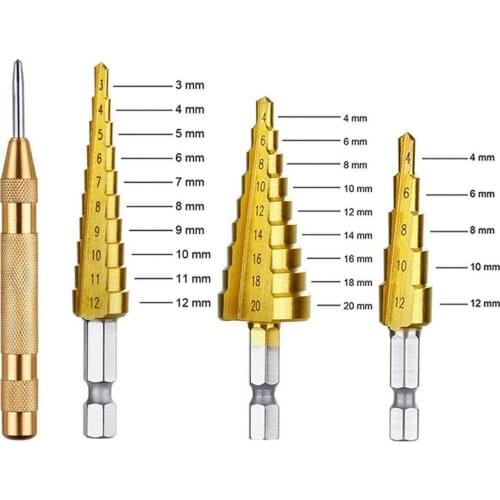 HSS Step Drill Bit Sets Straight Groove Titanium Coated Cone Hole Cutter with Automatic Center Punch For Metal Wood Tool