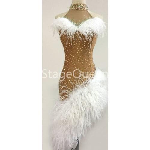 New Latin Dance Dress Bling Rhinestones Dresses For Girls Sexy Feather Women Latin Competition Dancewear Salsa Customizable