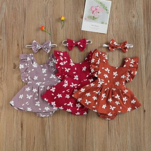 New Baby Girl’s Casual Fly Sleeve Jumpsuits Fresh Flower Printing Skirt Stitching Romper and Headband Set