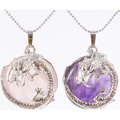 Necklaces Pendants Women Natural Stone Purple Crystal Pink Quartz Tiger Eye Lava Rock Flat Round Beads Dragon Fittings D699—D710