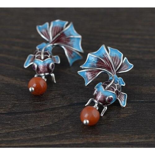 Natural Khotan jadesilver cloisonne enamel inlaid earrings Chinese classical palace style koi charm fresh womens brand jewelry