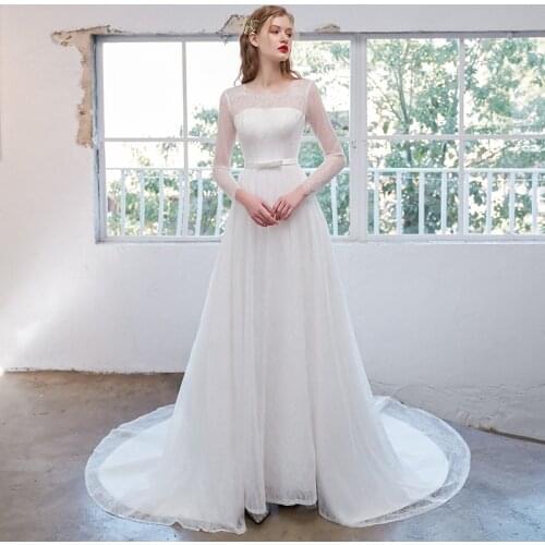 2021 Long Sleeves Tulle A Line Wedding Dress Plus Size Custom Made Zipper Sheer Romantic Beach Bridal Gown With Train 9124