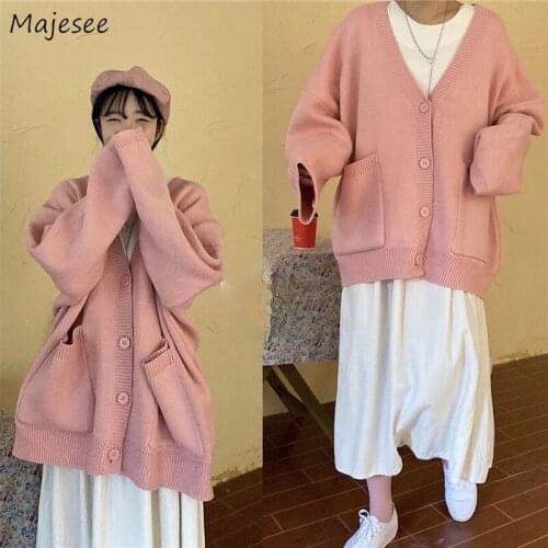 Sweaters Women Pink Girlish Korean Style Lady Simple Solid V-neck Long Sleeve Cardigans Students Loose All-match Knitting Female