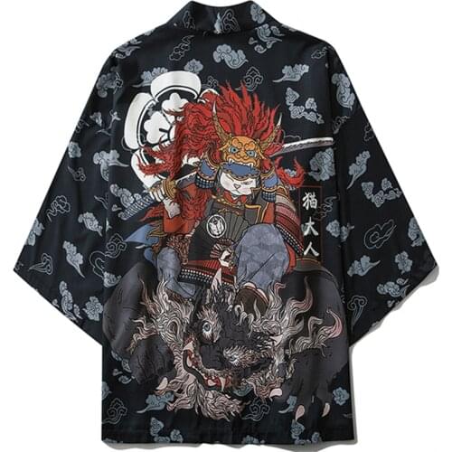 Traditional Japanese Samurai Cat Kimonos Cardigan Robe Men 2021 Summer Women Yukata Haori Casual Cosplay Anime Clothing