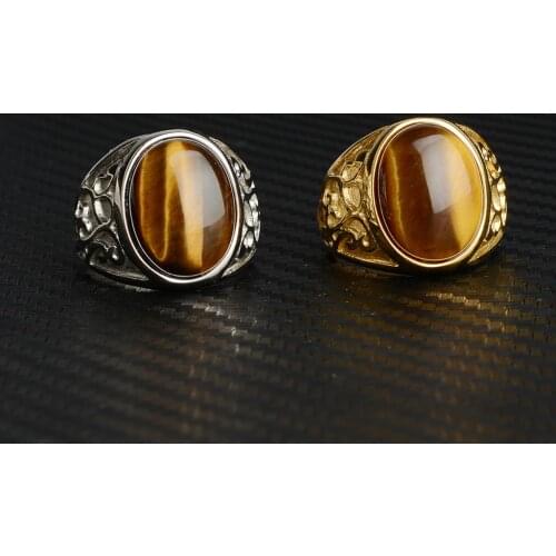 Turkish Handmade Vintage Stainless Steel Brown Tiger Eye Stone Ring For Men Spiral Engraved Statement Retro Wedding Band Jewelry