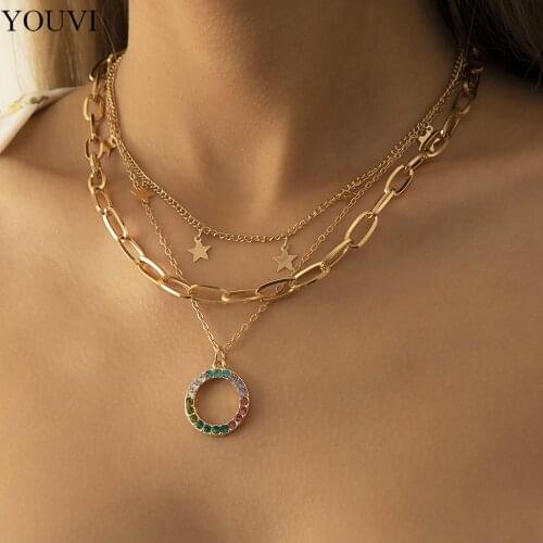 YOUVI Vintage Tassel Star Circle Pendant Choker Necklace for Women Fashion Multilayer Chain Bling Rhinestone Party Jewelry