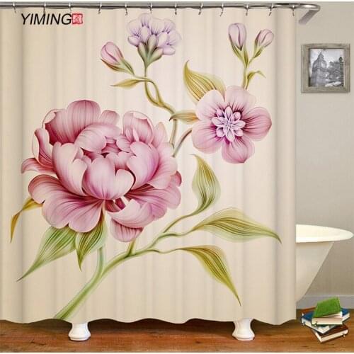 Painted pink peony flower print bathroom shower curtain polyester waterproof curtain home decoration curtain with hook 180x200cm