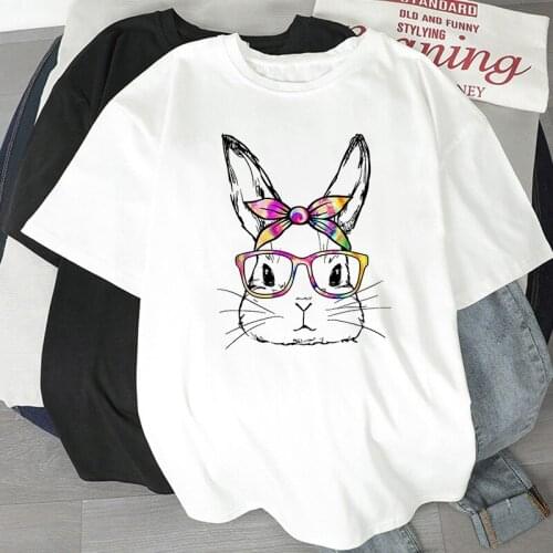 Womens T-shirt 2021 Funny Cartoon Cute Bunny with glasses Tops Female Round Neck Casual Short Sleeve Ladies Tshirt Oversize