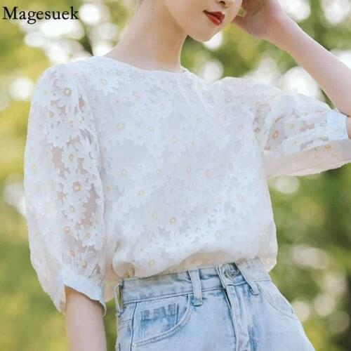 Summer Sweet Puff Short Sleeve Lace Blouse Women Flowers Embroidered Loose Shirt Girl Blouse Casual Female Clothing Blusas 14932