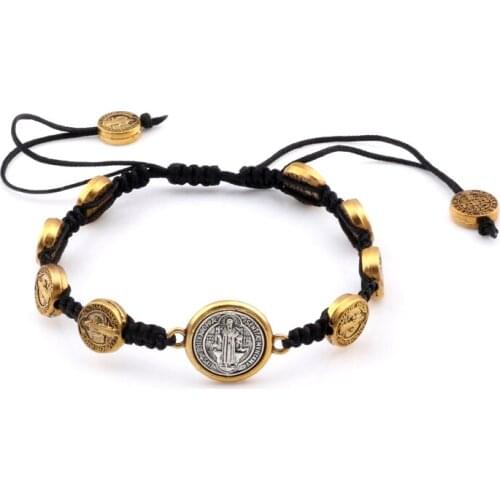 1pcs Antique gold zinc Alloy Saint Benedict Medal on Adjustable black Cord Hand-woven Wrist Bracelet C-28