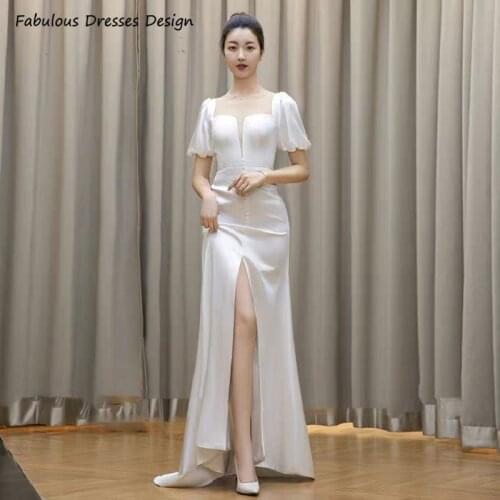 Simple Short Sleeve Mermaid Wedding Dress ivory Split 2021 White Satin V-neck Long Bridal Dresses Robe De Soiree De Mariage