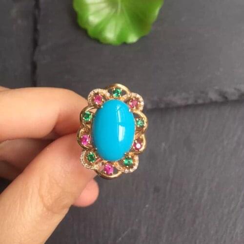 Fine Jewelry real G18k Rose Gold 18K Solid Gold 100% Natural Turquoise Gemstones Gold Diamonds Female Casual Sporty Rings