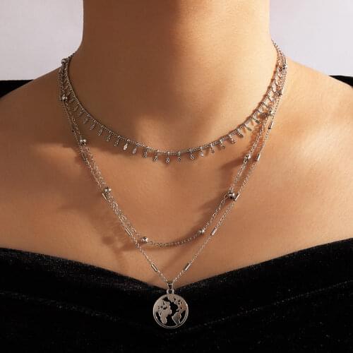 HuangTang 2021 NEW Punk Map Pendant Necklace for Women Minimalist Silver Color Tassel Clavicle Chain Fashion Jewelry Collares