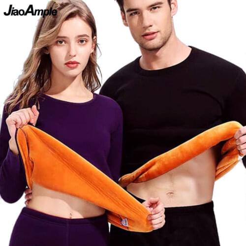 Winter Plush Fleece Warm Clothing Set Men Women Solid Classic Thick O-Neck Underwear Set Basic Thermal Tops Velvet Homewear