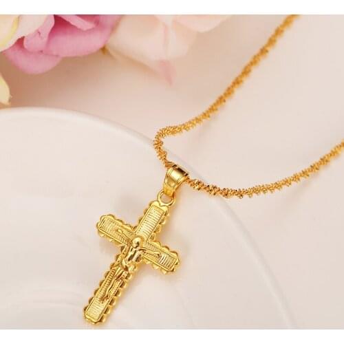 Gold Cross Necklace Pendant INRI Jesus Crucifix Christianity Jewel 24K Golden INBI Jesus of Nazareth King of the Jews