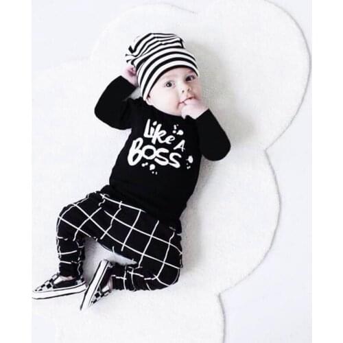 Newborn Baby Boy Clothes Set Like A Boss Letter Long Sleeve Black T-shirt Tops Casual Pants Outfits 2Pcs Infant Toddler Clothing