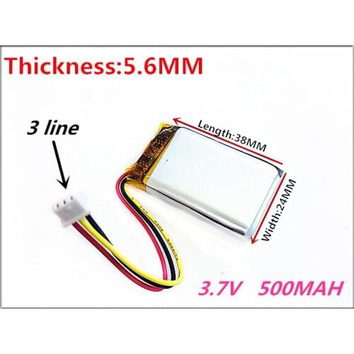 3 thread 3.7V 500mAH 562438 PLIB polymer lithium ion / Li-ion battery for Smart watch mp3 mp4