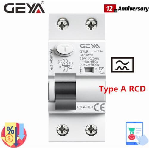 GEYA GYL9 A Type RCCB Residual Current Circuit Breaker AC ELCB 2 Pole 40A 63A 30mA 100mA 300mA RCD ELCB