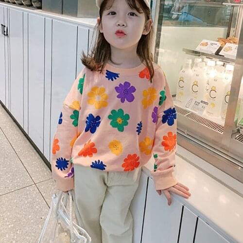 Kids Flower Floral O-Neck Pullover Sweater Clothes For Little Girls Korean Streetwear Sweatshirts Tops New 1 2 3 4 5 6 7 8 Years