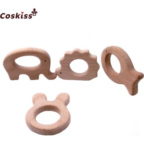 DIY Baby Teether Toys Organic Natural Beech Wooden Fish-Rabbit-Hedgehog-Elephant Hand Cut Grasping Toys Baby Wooden Teether Gift